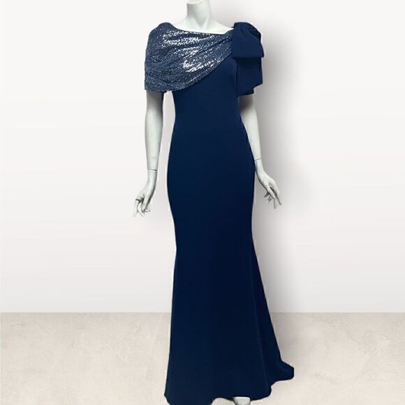 Badgley Mishcka Blue Sequin & Bow Shoulder Mermaid Gown - Picture 1 of 8
